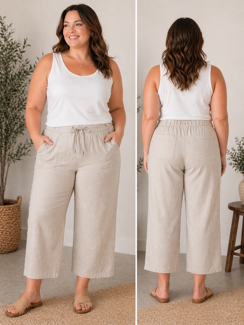 Naturals d&co Beige Linen Blend Cropped Wide Leg Pants XL Drawstring Pull On